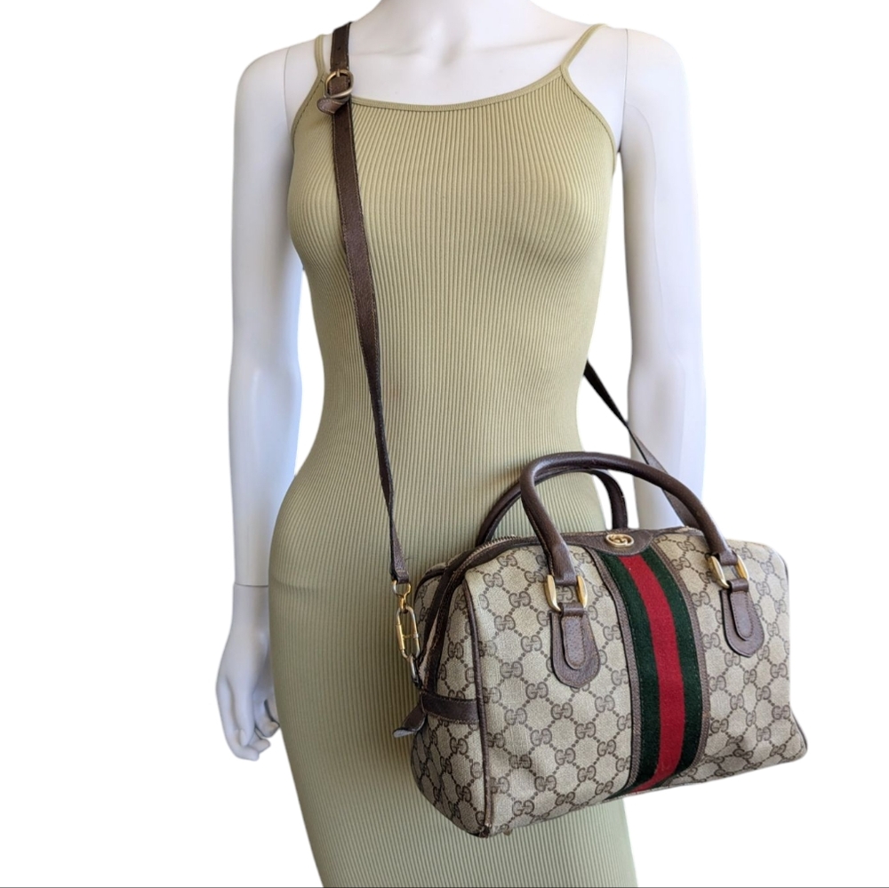 Gucci Beige and Brown Satchel with Green and Red Stripe